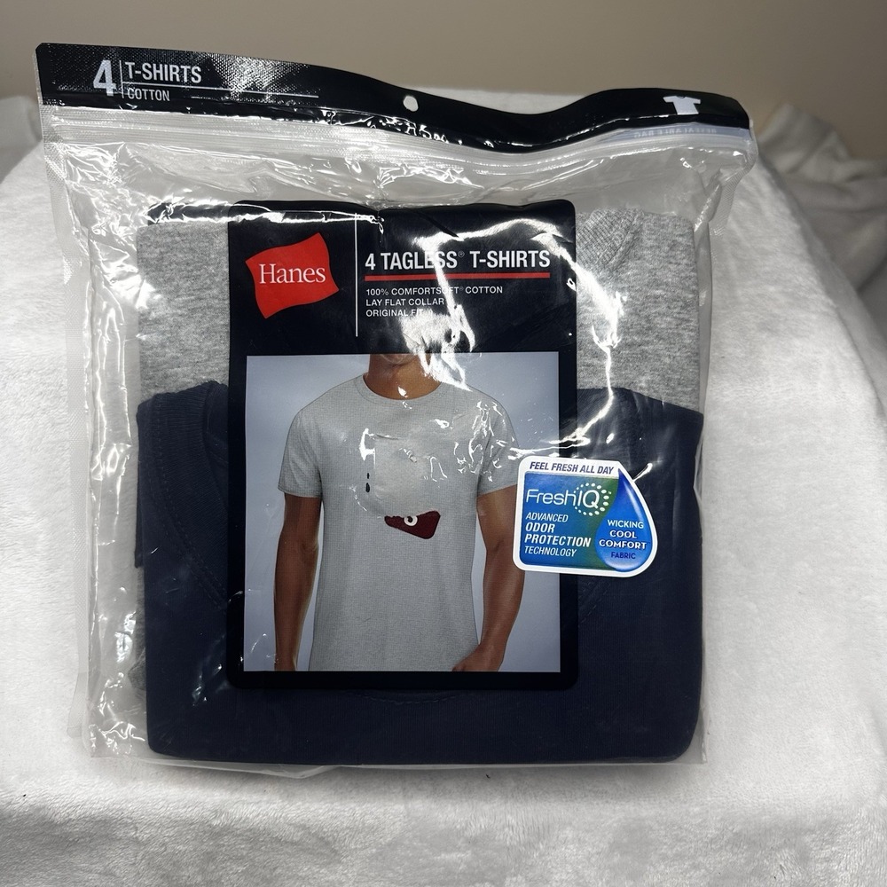 Hanes Cotton Tagless Crew Neck T Shirt 4 Pack Set Gray Black Navy Men's Small
